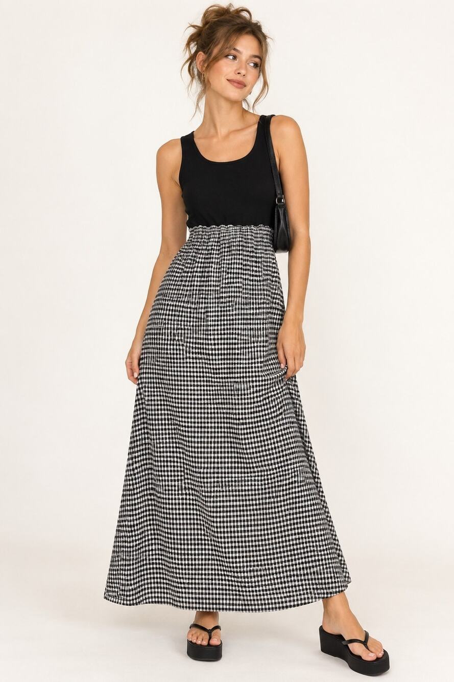 Vtg 90s L.A. Gal Black White Gingham Maxi Dress Sleeveless Cottagecore Grunge 14
